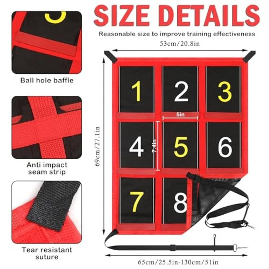 Red baseball pitching target with nine numbered panels and measurement size diagram