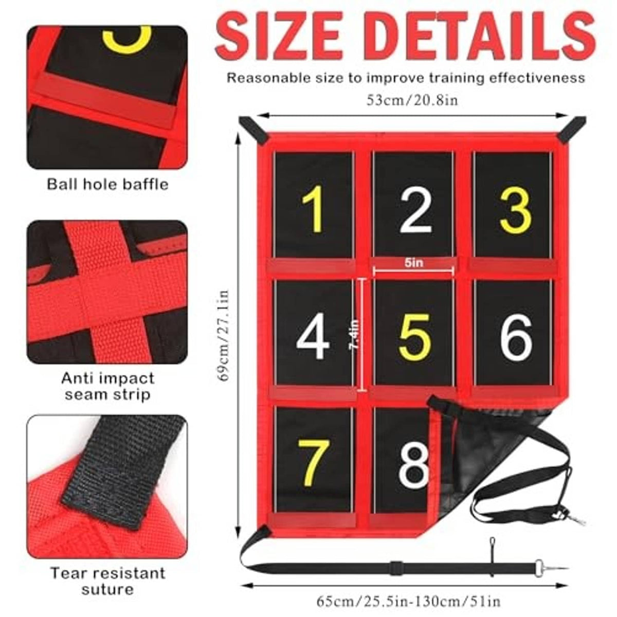 Red baseball pitching target with nine numbered panels and measurement size diagram