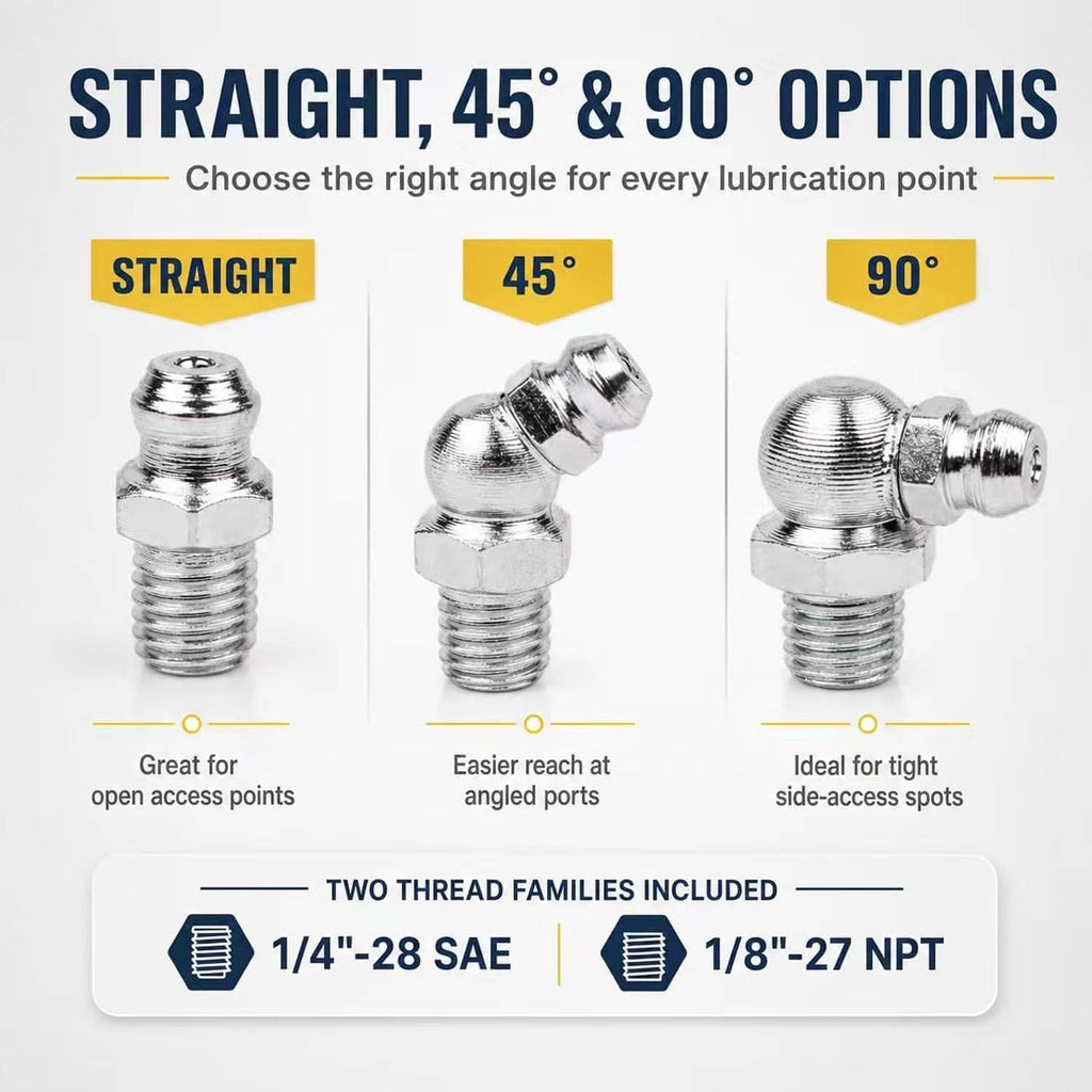 Chrome grease fittings in straight, 45-degree, and 90-degree angled styles