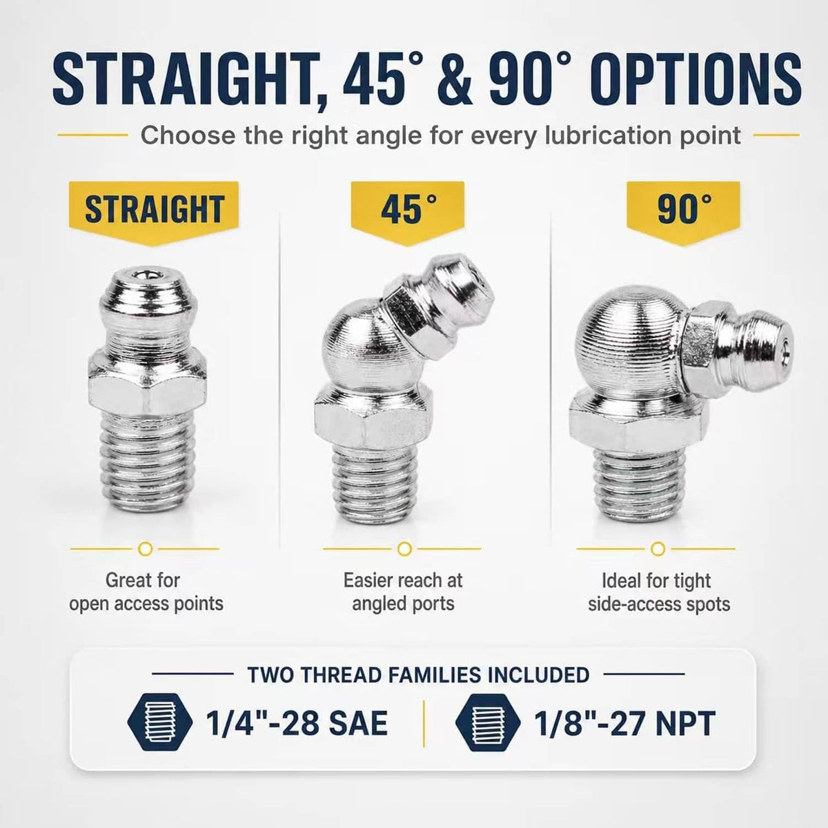 Chrome grease fittings in straight, 45-degree, and 90-degree angled styles