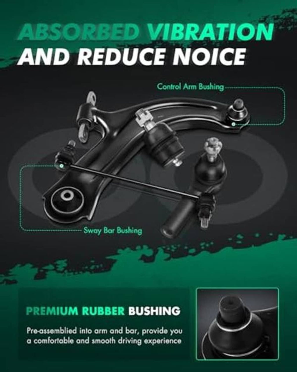 Front control arm and sway bar bushings with ball joints, designed to reduce noise