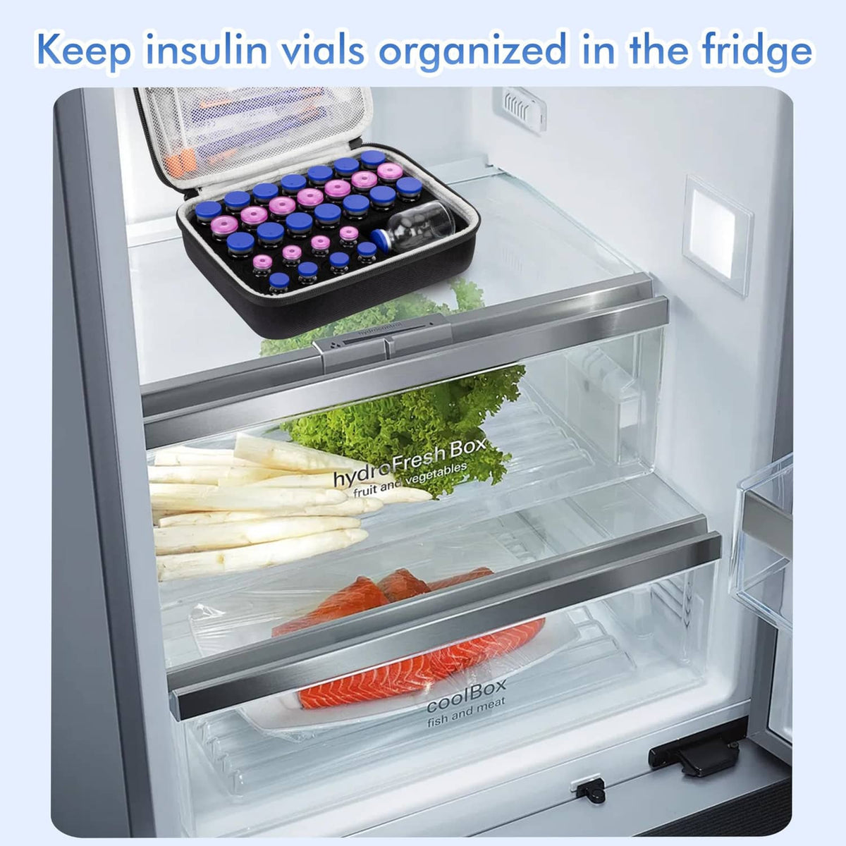Black insulin vial organizer case in a refrigerator shelf with multiple vials inside.