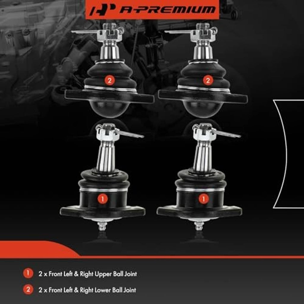 Four ball joints with black dust boots and chrome stems arranged in a pair layout