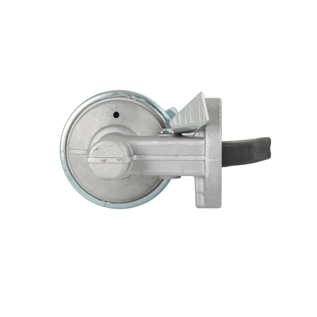 Fuel lift transfer pump with round diaphragm housing, black side hose, and metal support arm