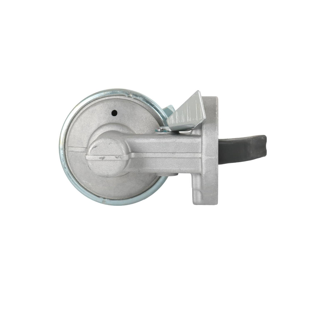 Fuel lift transfer pump with round diaphragm housing, black side hose, and metal support arm