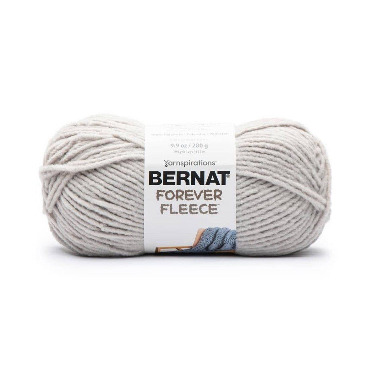 Super bulky fleece yarn skeins, light gray polyester yarn with brand label