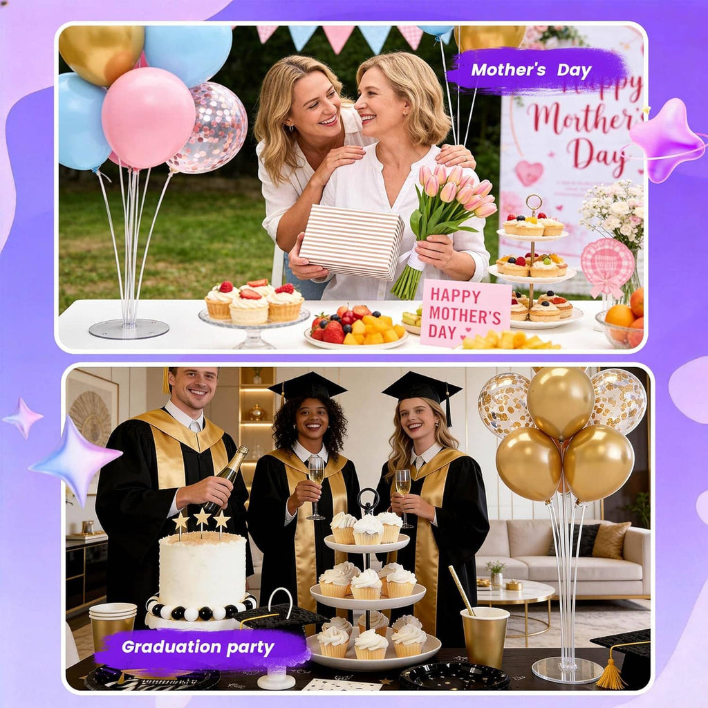 Balloon stand kit display with metallic balloons on white round bases at events