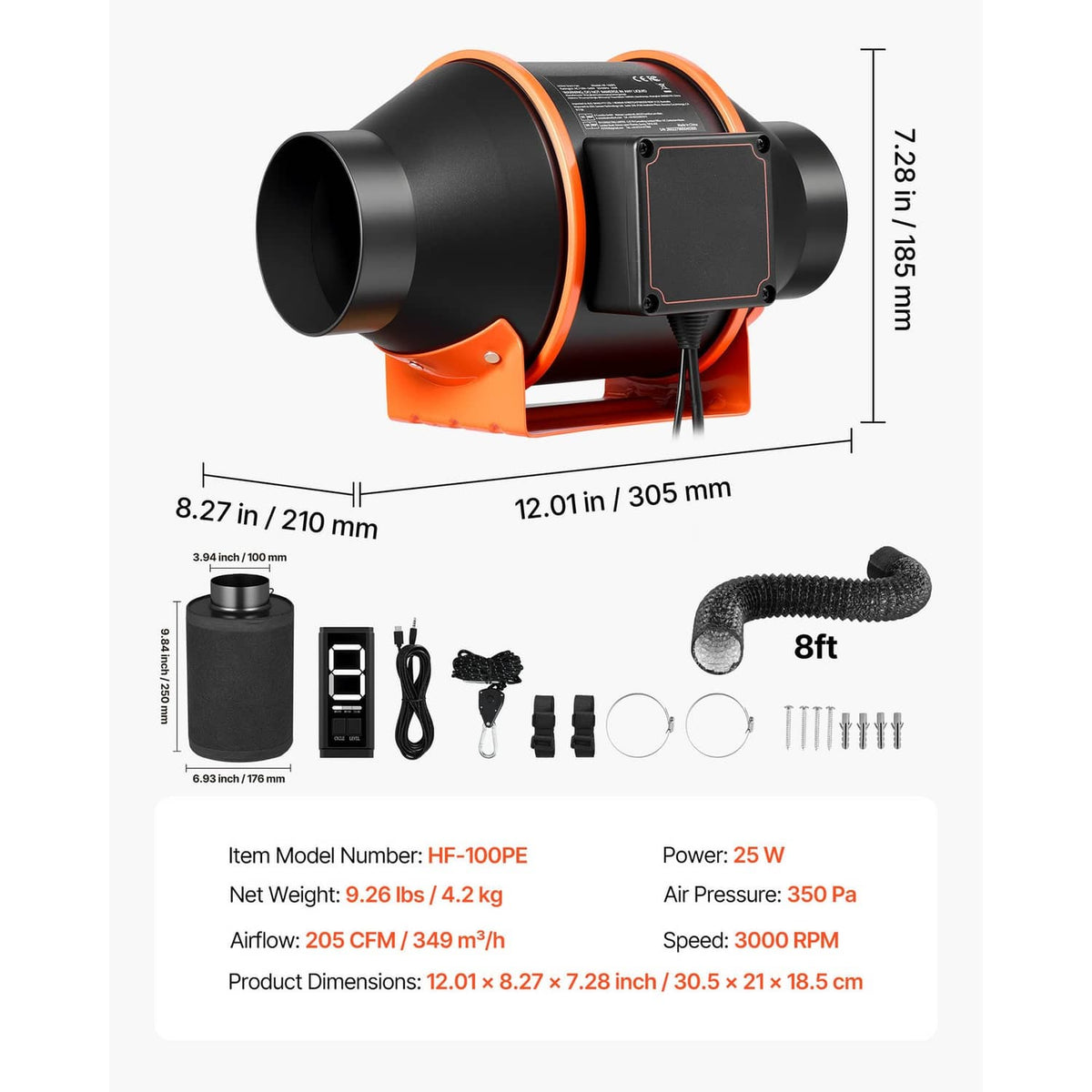 Inline ventilation fan with black duct ports and orange base, with size measurements labeled.