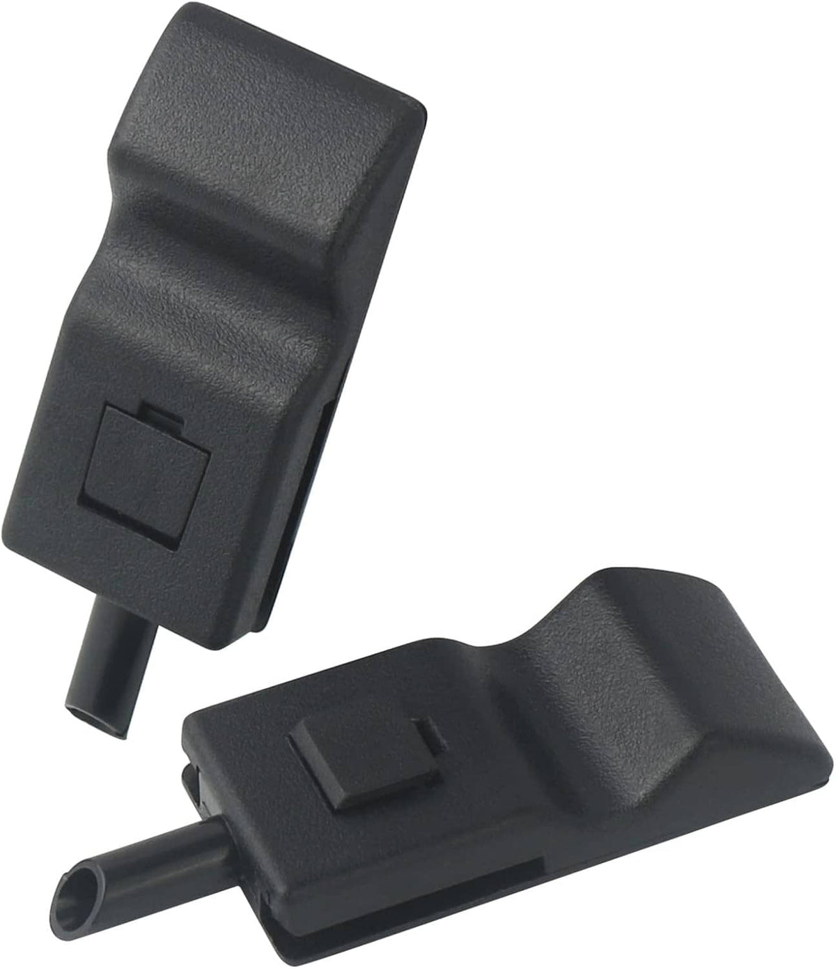 Pair of black door lock knobs with mounting stem and rectangular release tabs
