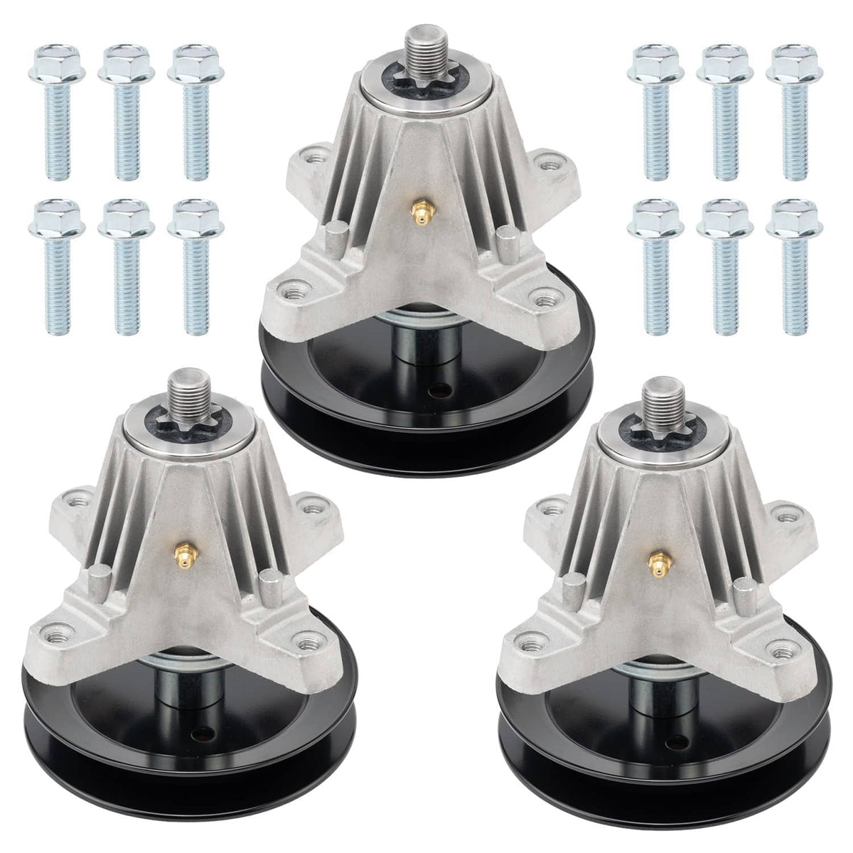 Multiple deck spindle assemblies with black pulleys, silver housings, and threaded bolts