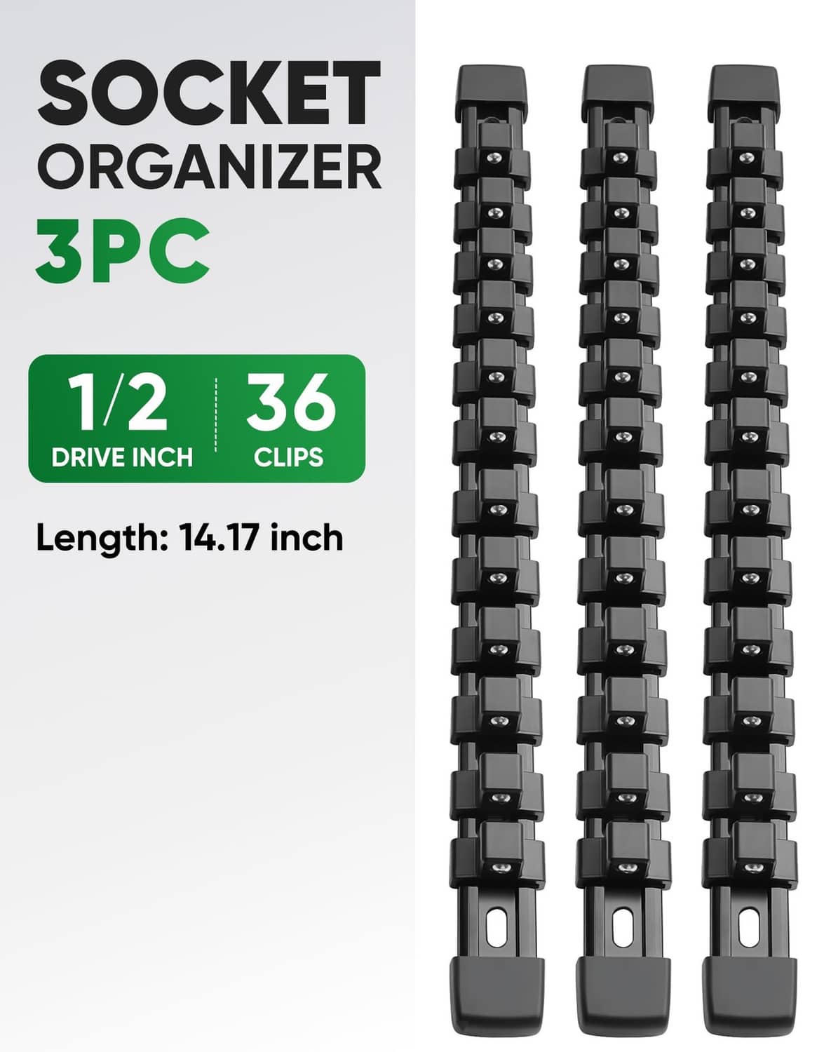 Three black socket organizer rails standing side by side with spring-loaded clips