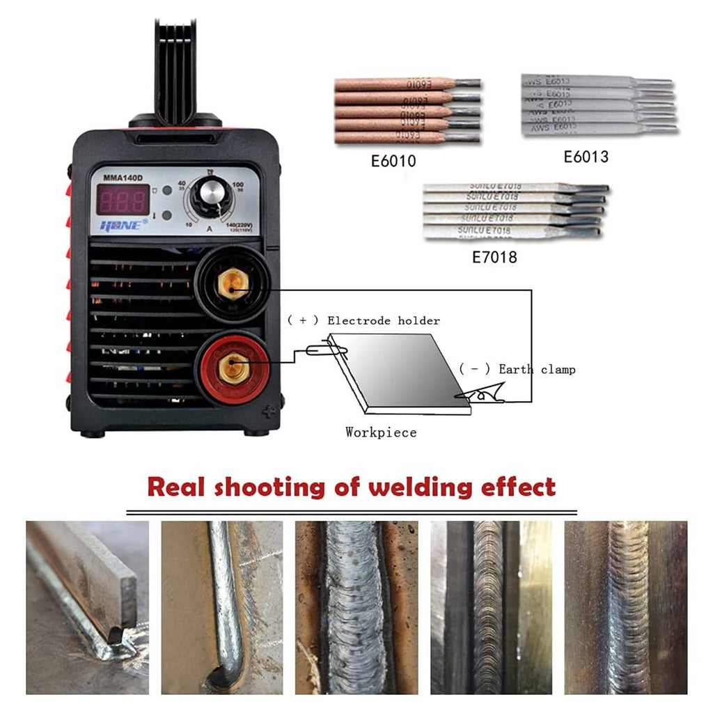 Stick welder with connection diagram for electrode holder and earth clamp