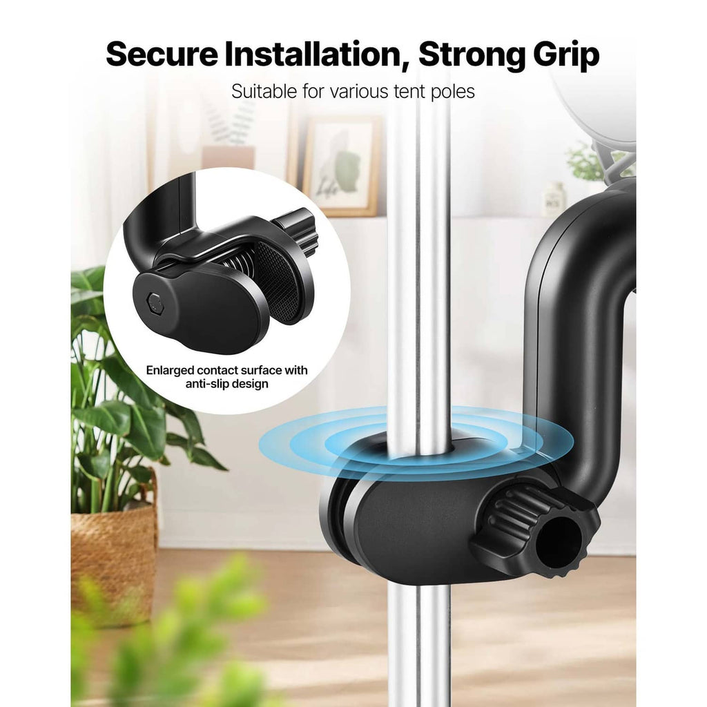 Black clip-on fan with adjustable clamp for tent poles and grip handle