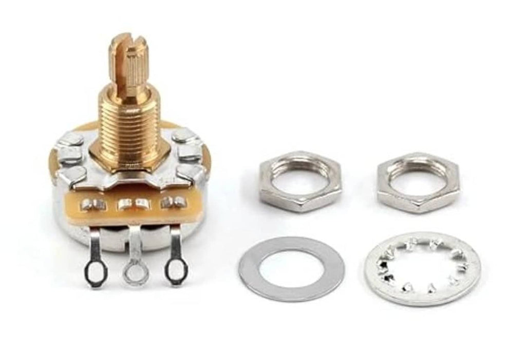 Guitar potentiometer with mounting hardware: hex nut, washers, and metal plate