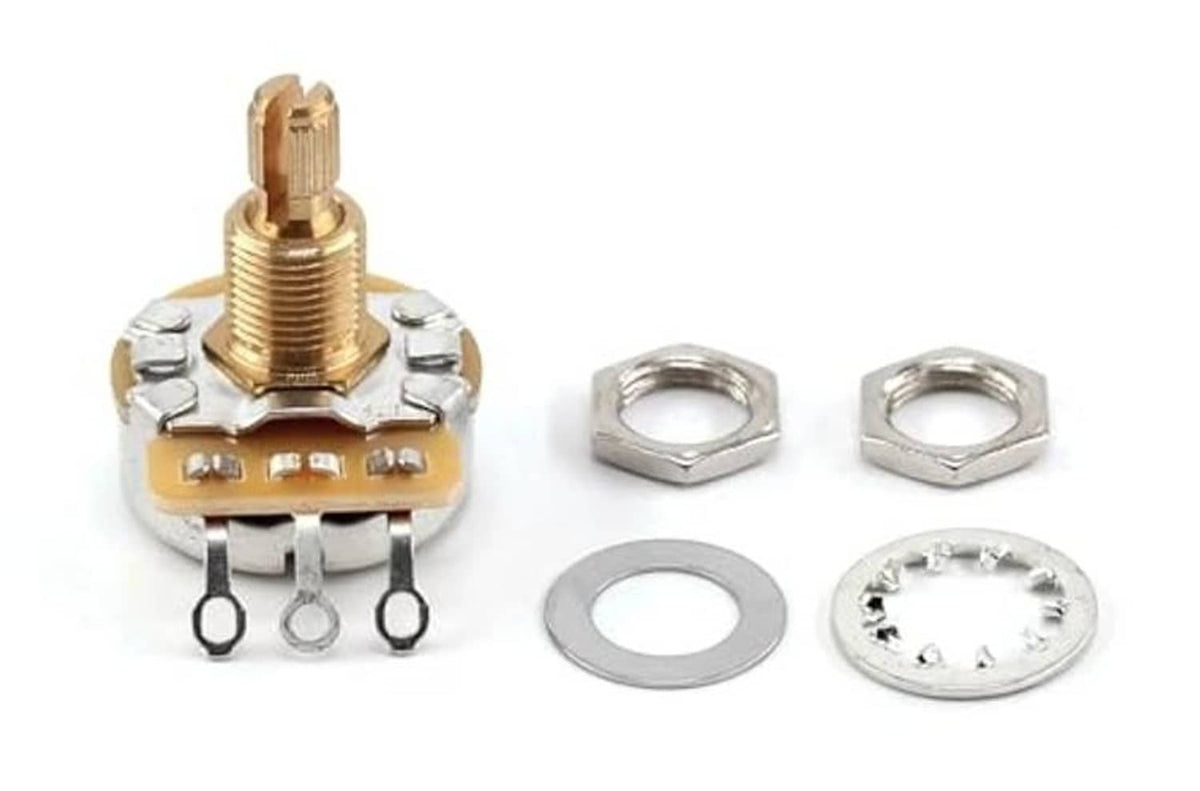 Guitar potentiometer with mounting hardware: hex nut, washers, and metal plate