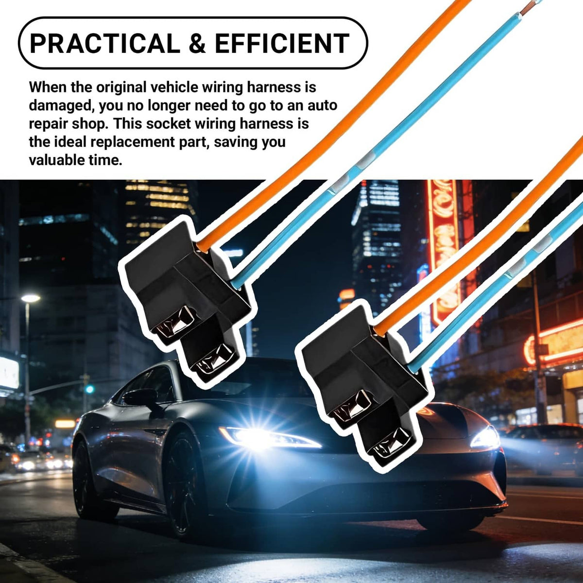 Two H7 female socket extension connectors, black plugs with blue and orange wires