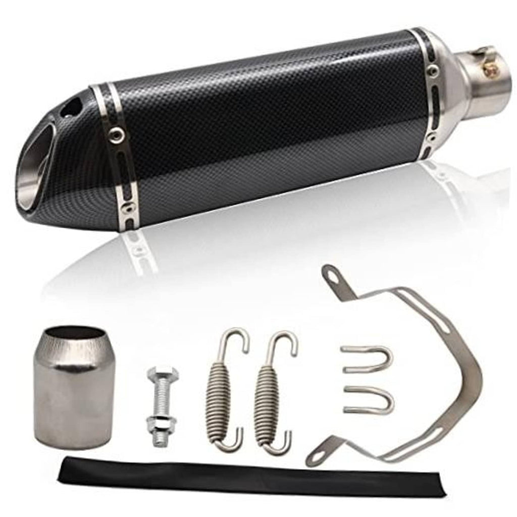 Carbon fiber-look motorcycle slip-on exhaust muffler with stainless end cap and mounting strap.