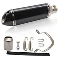 Carbon fiber-look motorcycle slip-on exhaust muffler with stainless end cap and mounting strap.