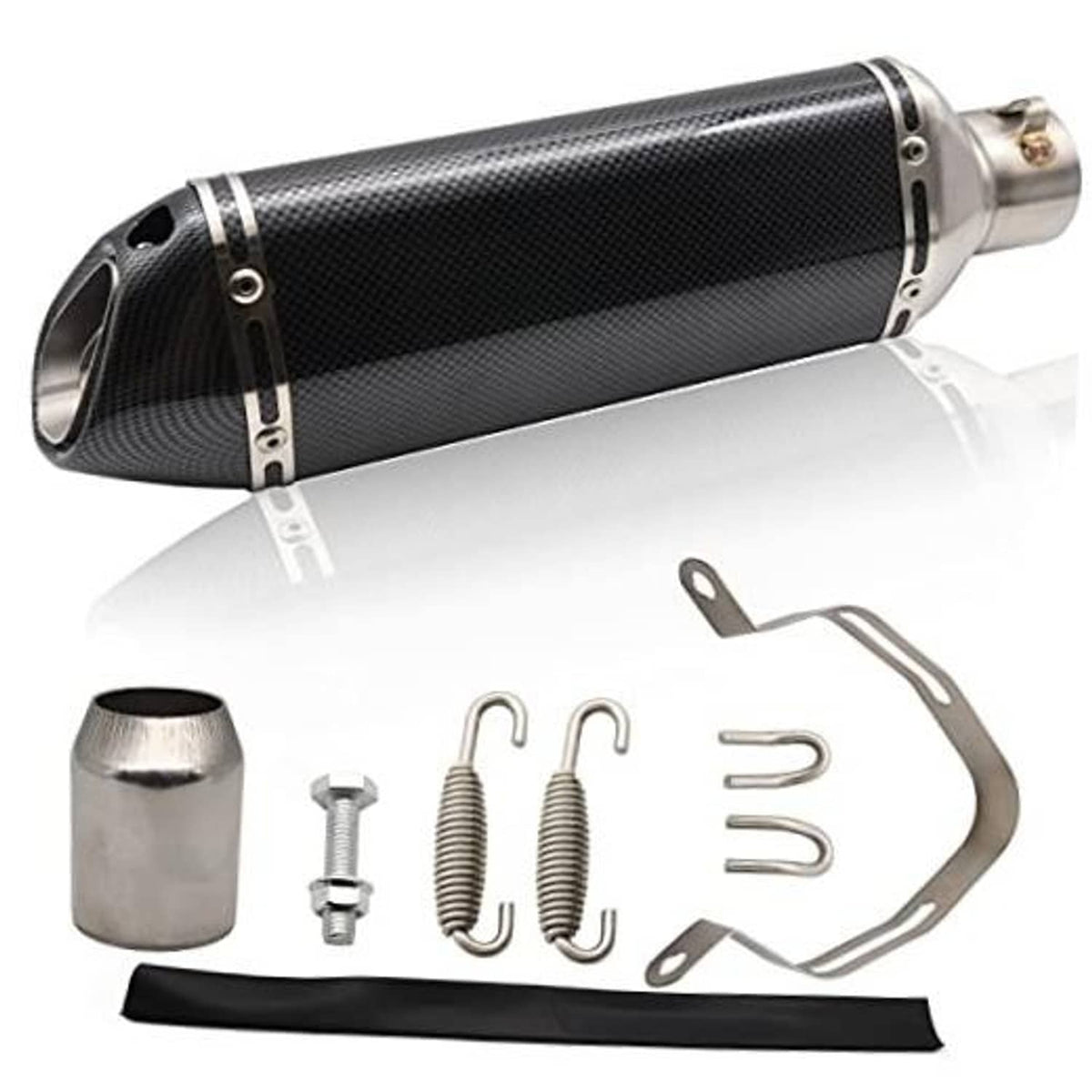 Carbon fiber-look motorcycle slip-on exhaust muffler with stainless end cap and mounting strap.