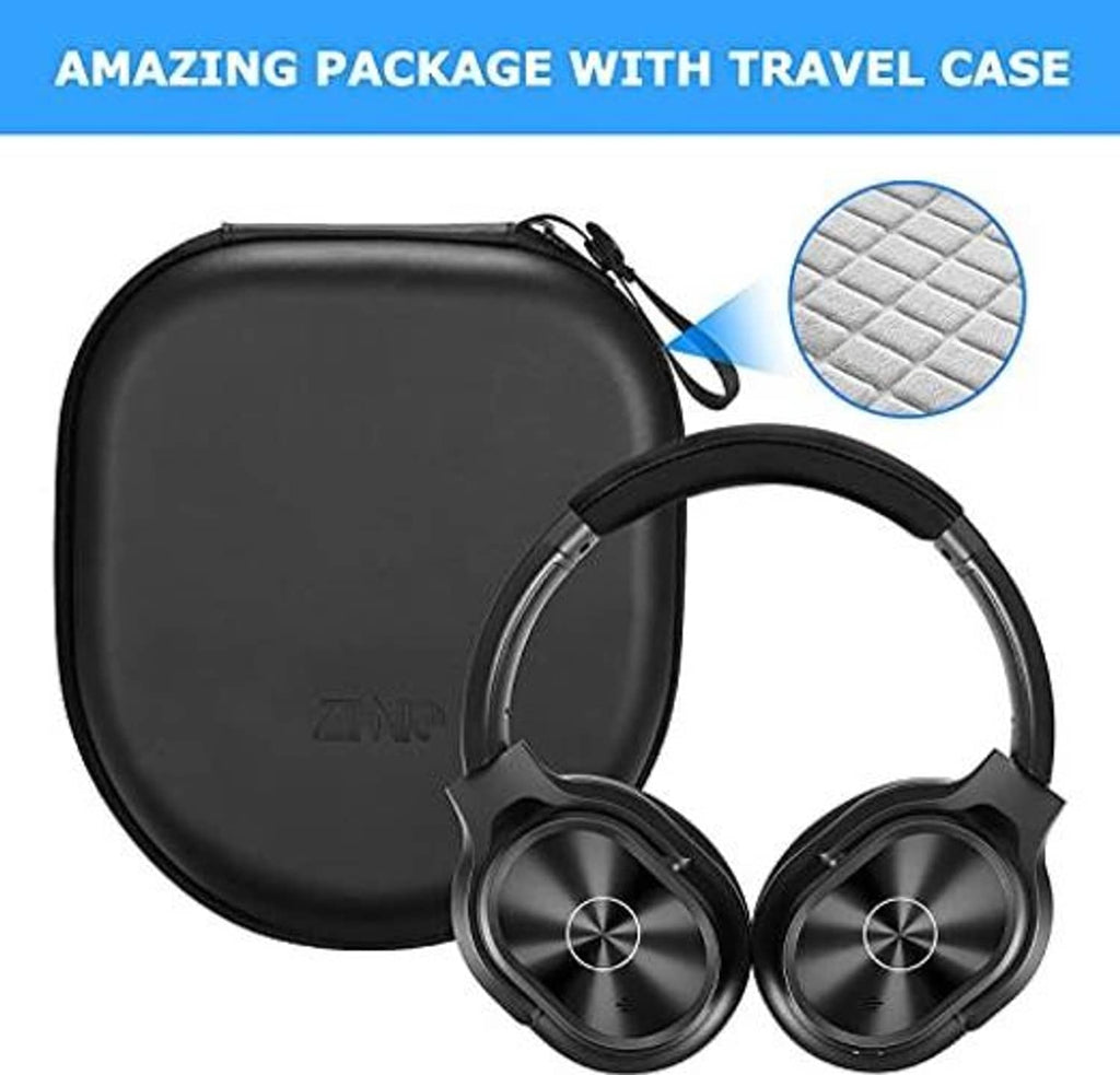 Black over-ear headphones with matching hard travel case and padded earcups