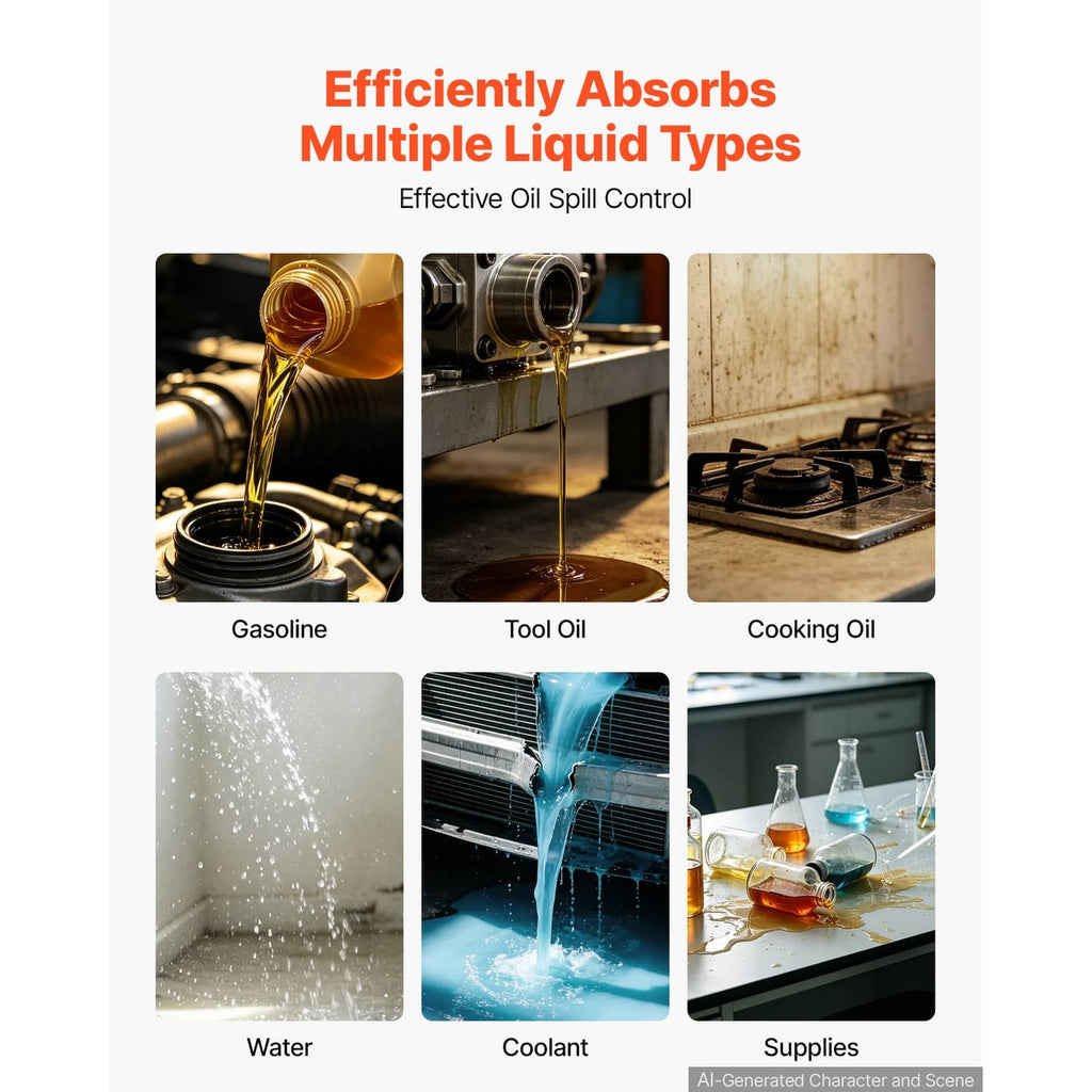 Gray absorbent pads shown over multiple surfaces for oil, water, and coolant cleanup