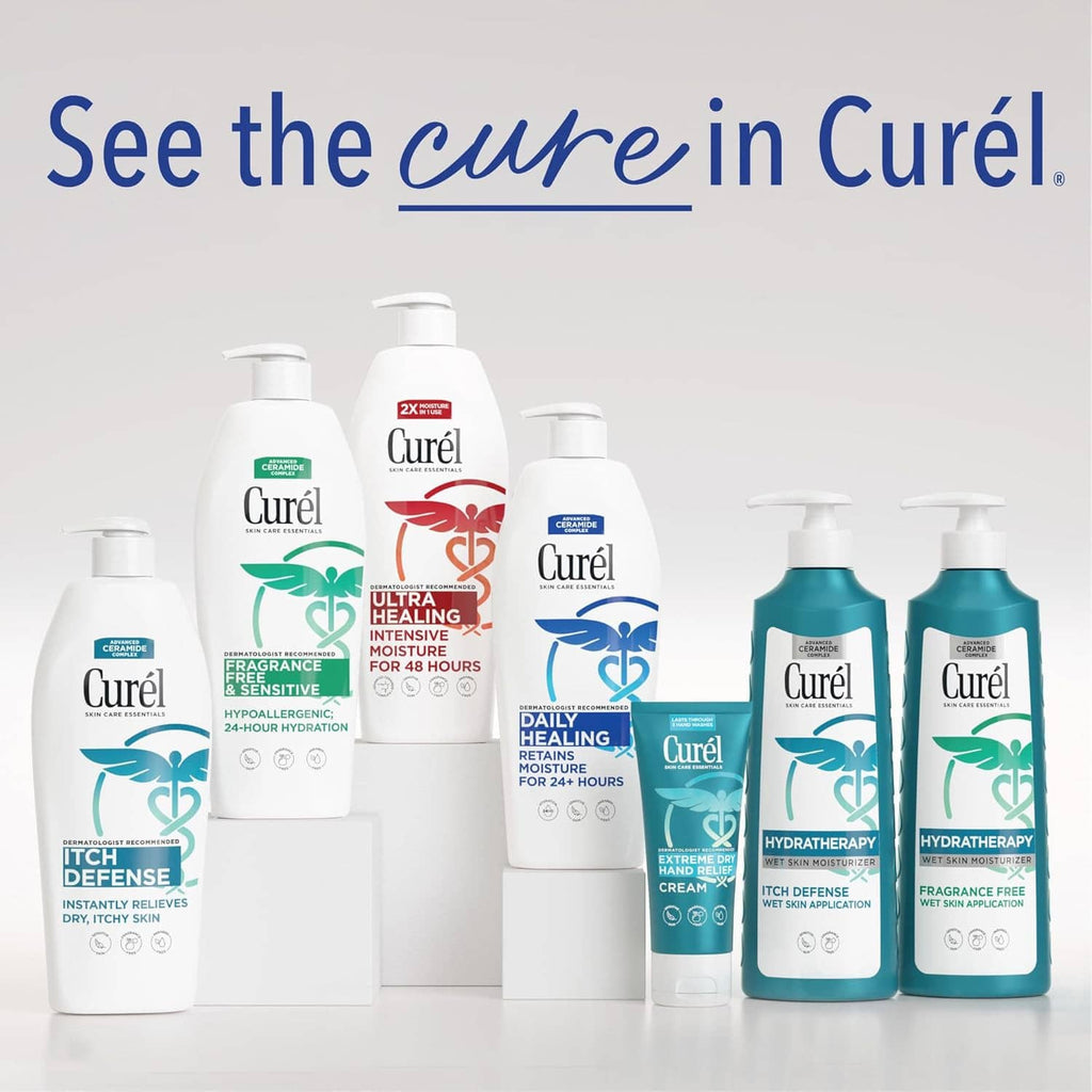 Curel skincare lotion assortment with multiple pumps and bottles for different skin needs