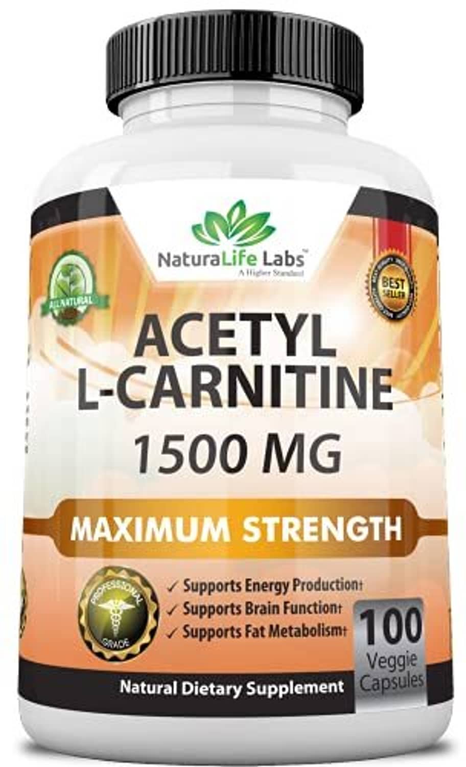 Acetyl L-carnitine 1500 mg supplement bottle, 100 veggie capsules