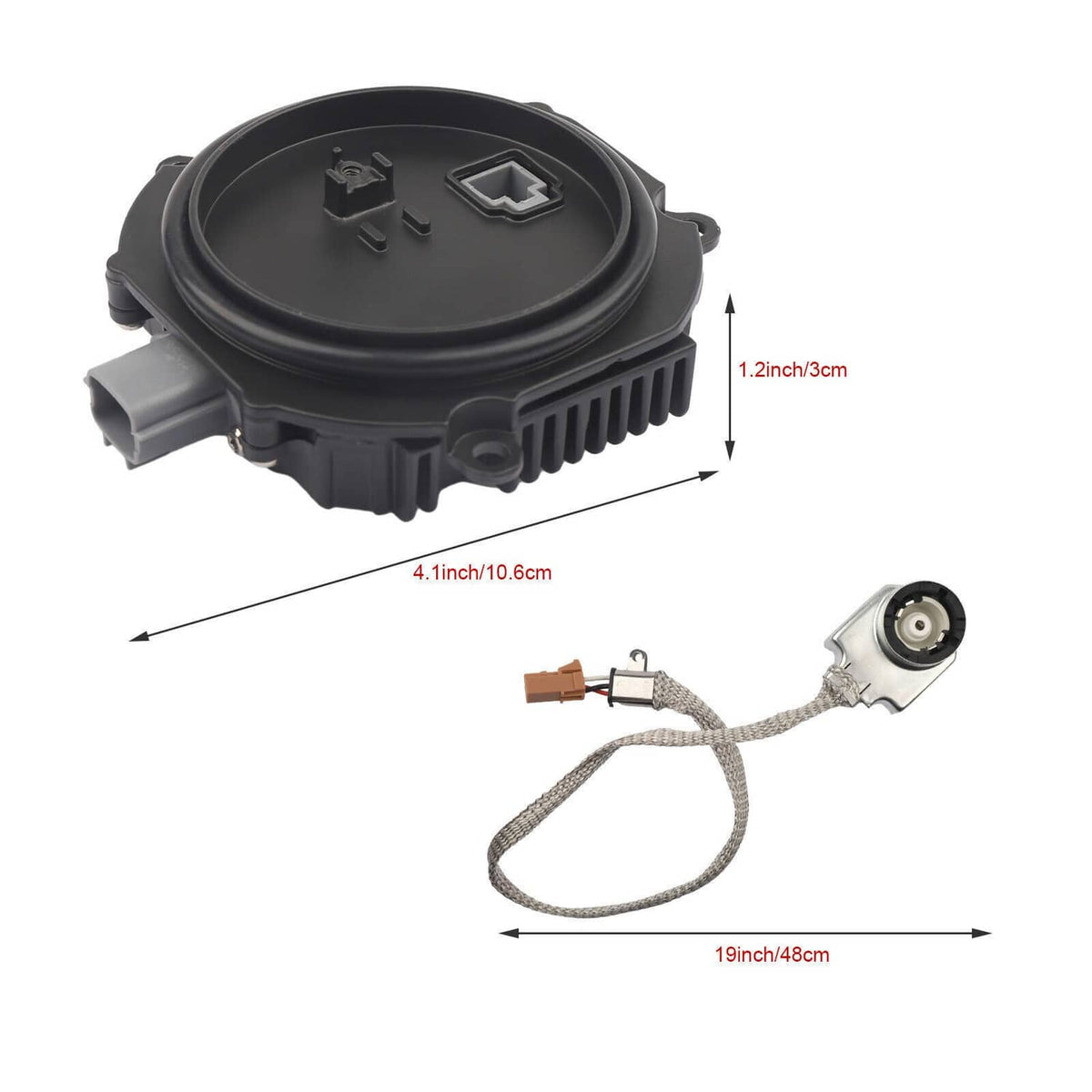 HID igniter ballast housing with two-pin top and D2S bulb holder with braided cable