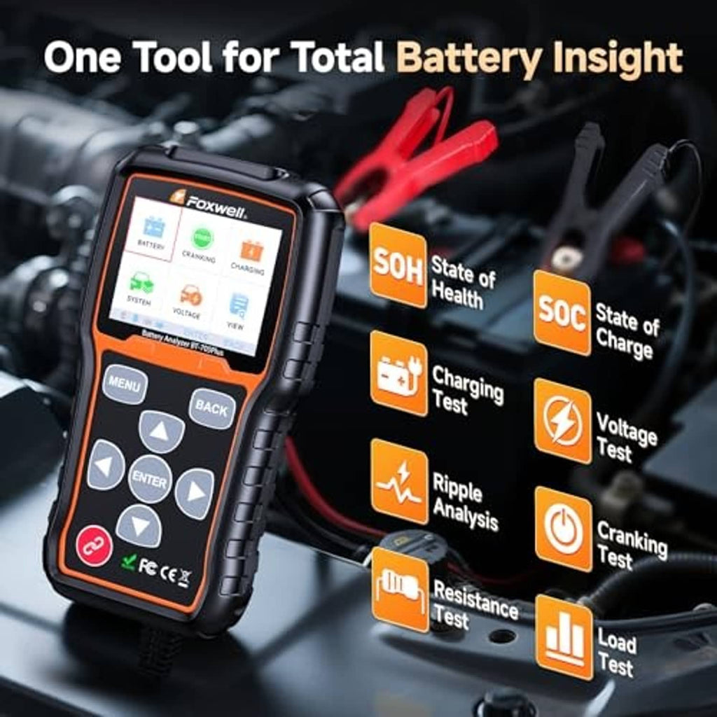 Handheld car battery tester with orange-trim screen displaying battery options