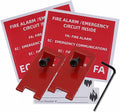 Red fire alarm lockout kit with two locking tags and black L-shaped hex key