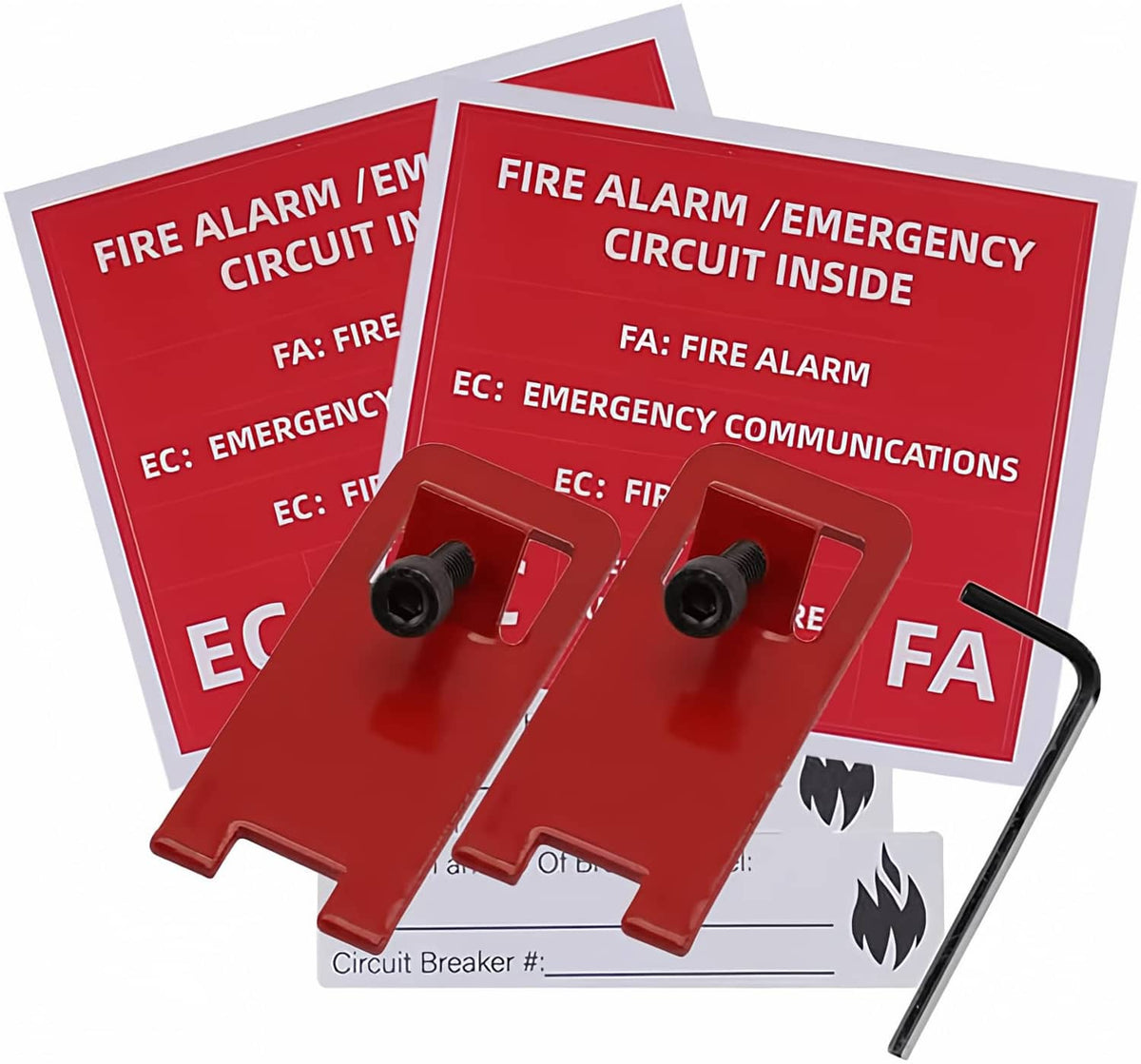 Red fire alarm lockout kit with two locking tags and black L-shaped hex key