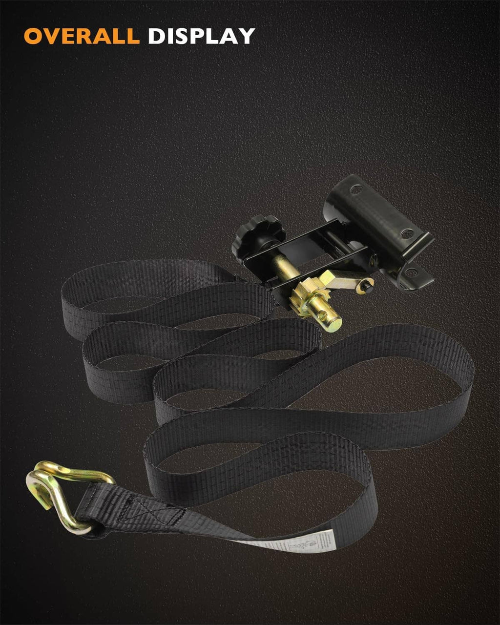 Ladder rack strap with black webbing and J-hook, shown with loose strap loop