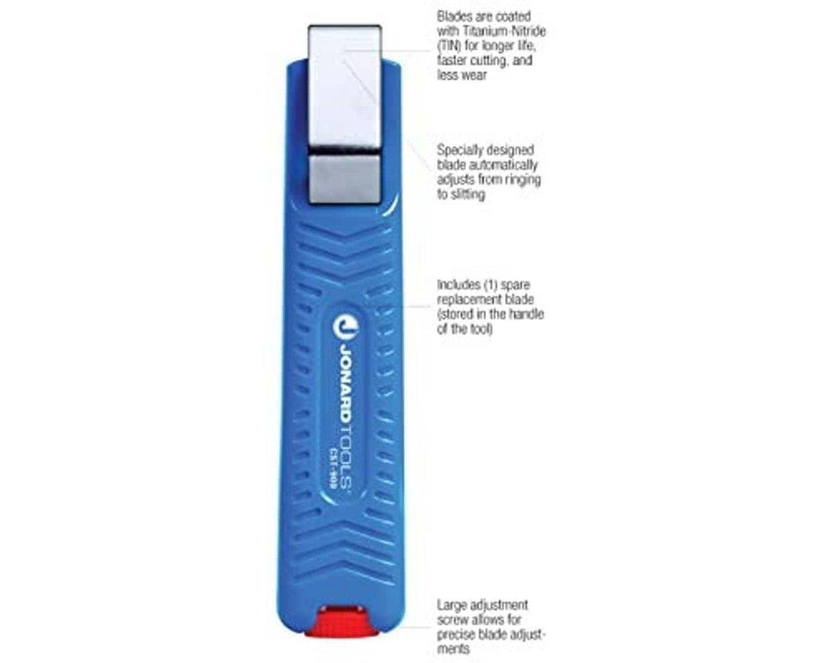 Blue cable stripping tool showing spare blade storage and red base cap