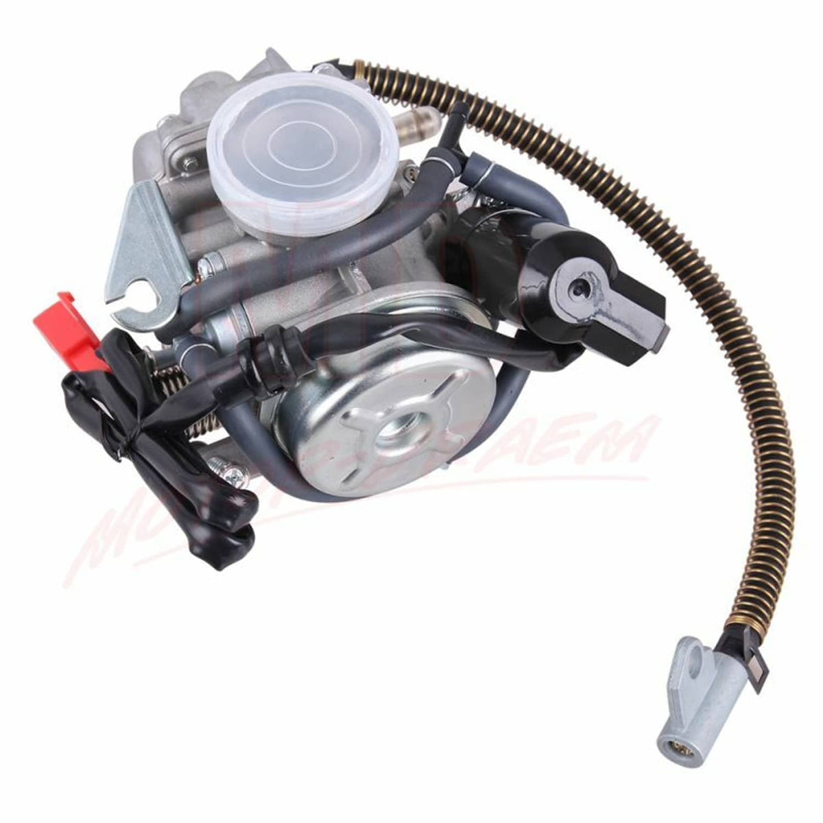 Carburetor assembly with transparent fuel bowl cover and coiled hose