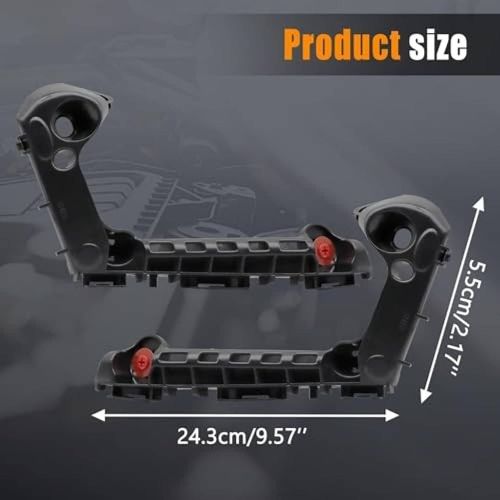 Black front bumper mounting brackets with red clips and support bars, size shown