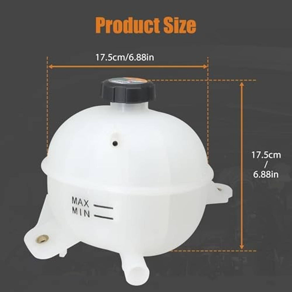 White coolant overflow reservoir tank with black cap and MAX/MIN markings, measured size