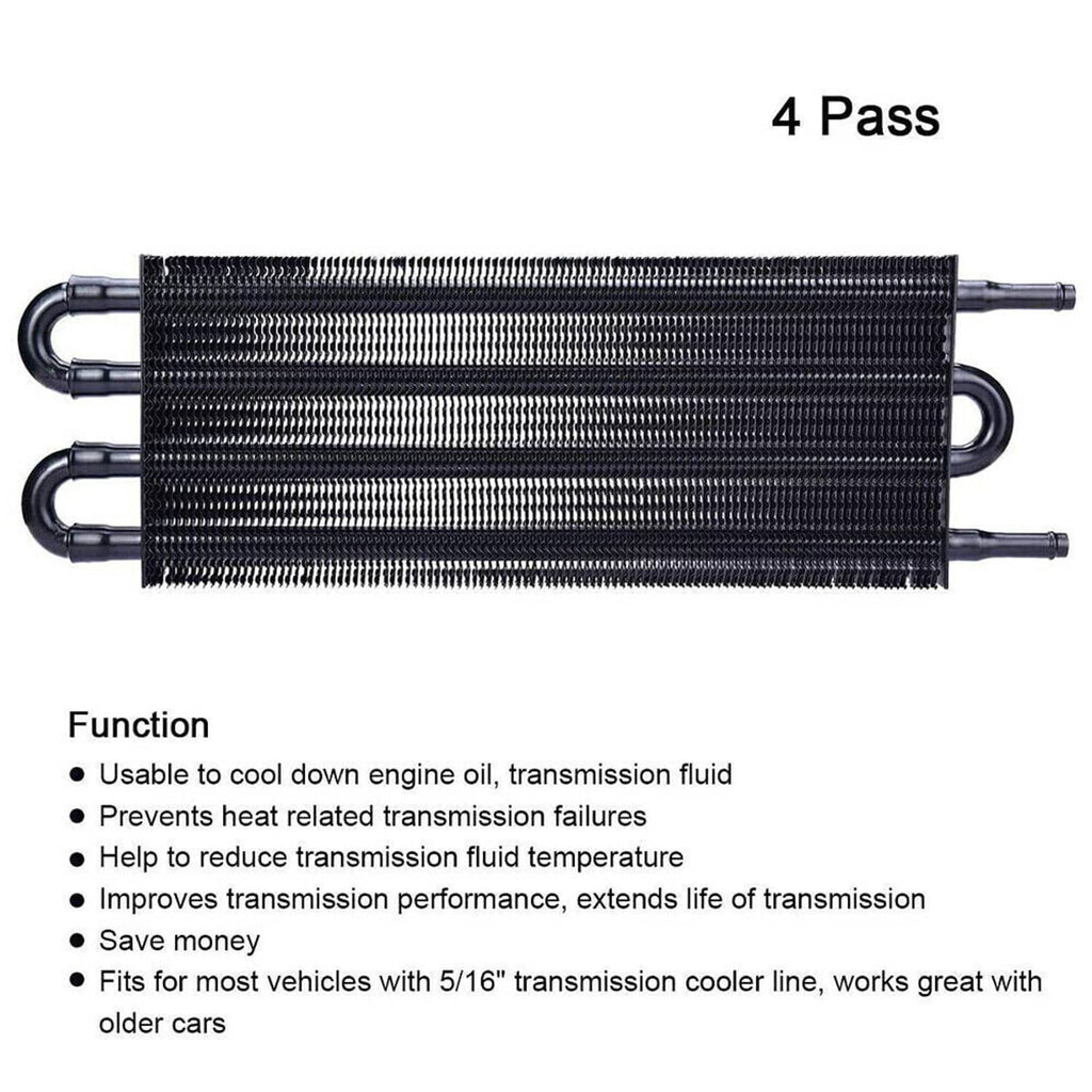 Oil cooler radiator with black fin core, loop hose ports, and tube end fittings