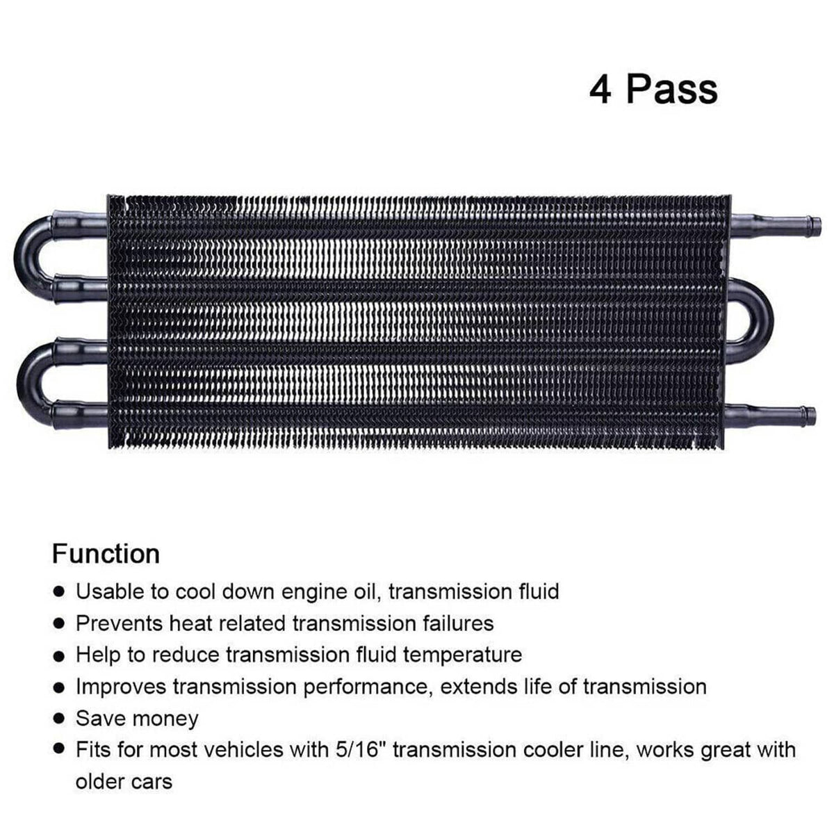 Oil cooler radiator with black fin core, loop hose ports, and tube end fittings