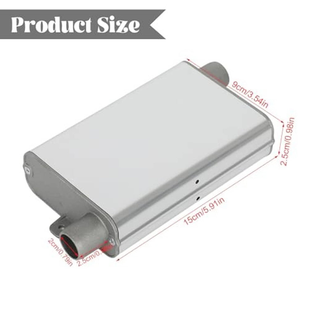 Silver exhaust muffler silencer with outlet pipe and mounting tab, two hose clamps
