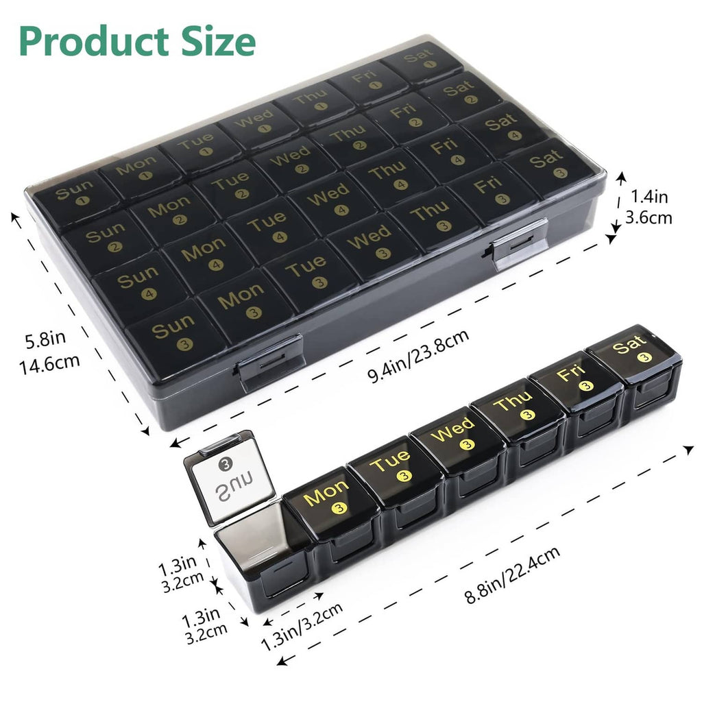 Black 28-day pill organizer with labeled day compartments and included size dimensions