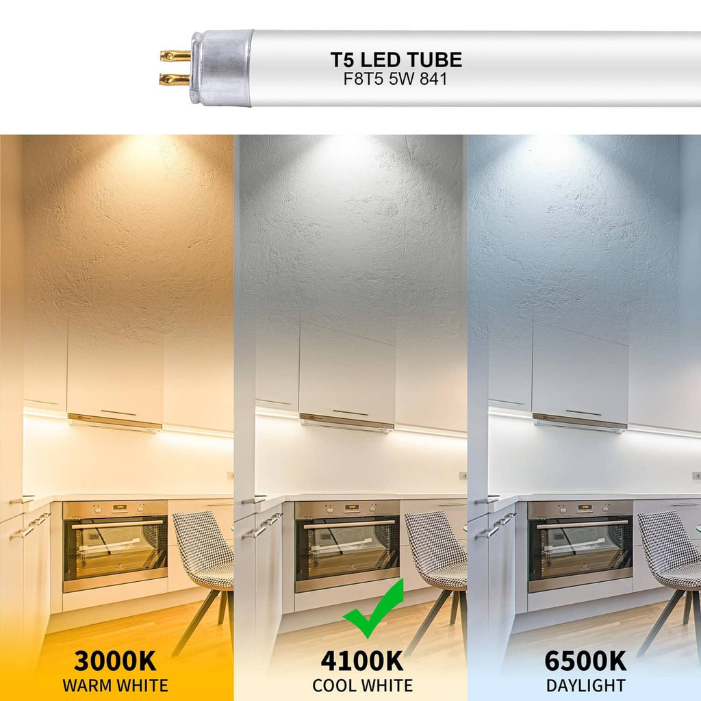T5 LED tube with metal end cap and gold pins, printed 5W 841