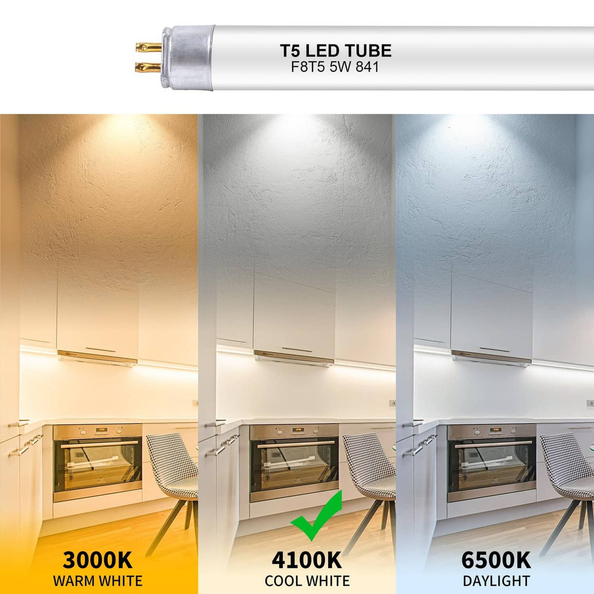 T5 LED tube with metal end cap and gold pins, printed 5W 841
