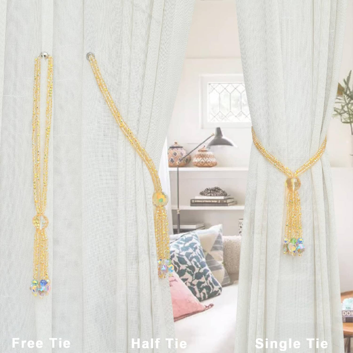 Gold beaded curtain tiebacks with long crystal tassel ornaments on sheer curtain folds
