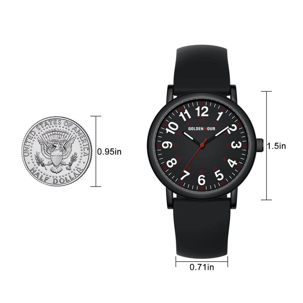 Black nurse watch with round dial and black silicone strap, front view with size markers