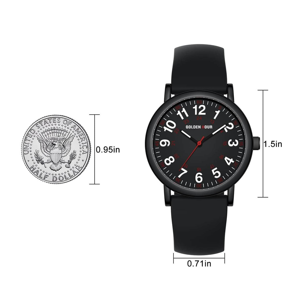 Black nurse watch with round dial and black silicone strap, front view with size markers