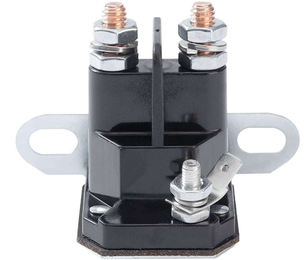 Lawn mower starter solenoid with black housing, two copper terminals, and U-shaped mounting bracket
