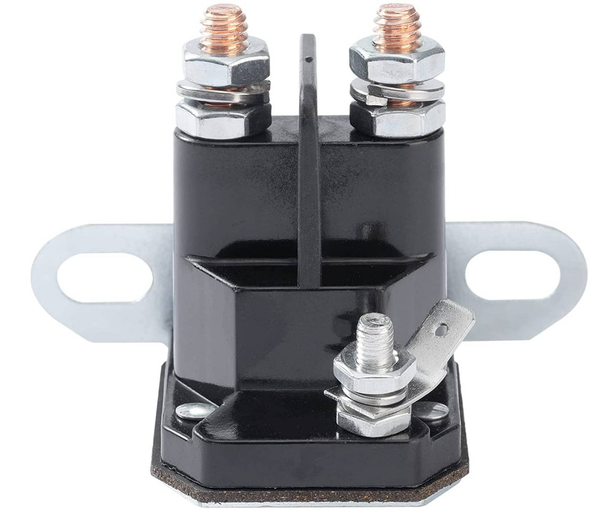 Lawn mower starter solenoid with black housing, two copper terminals, and U-shaped mounting bracket