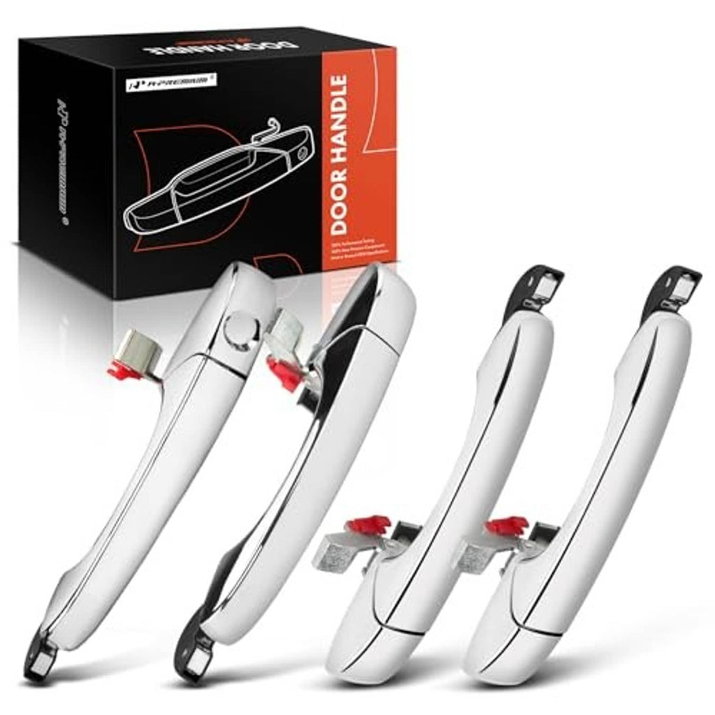 Two chrome exterior door handles with red release accents, front and rear set