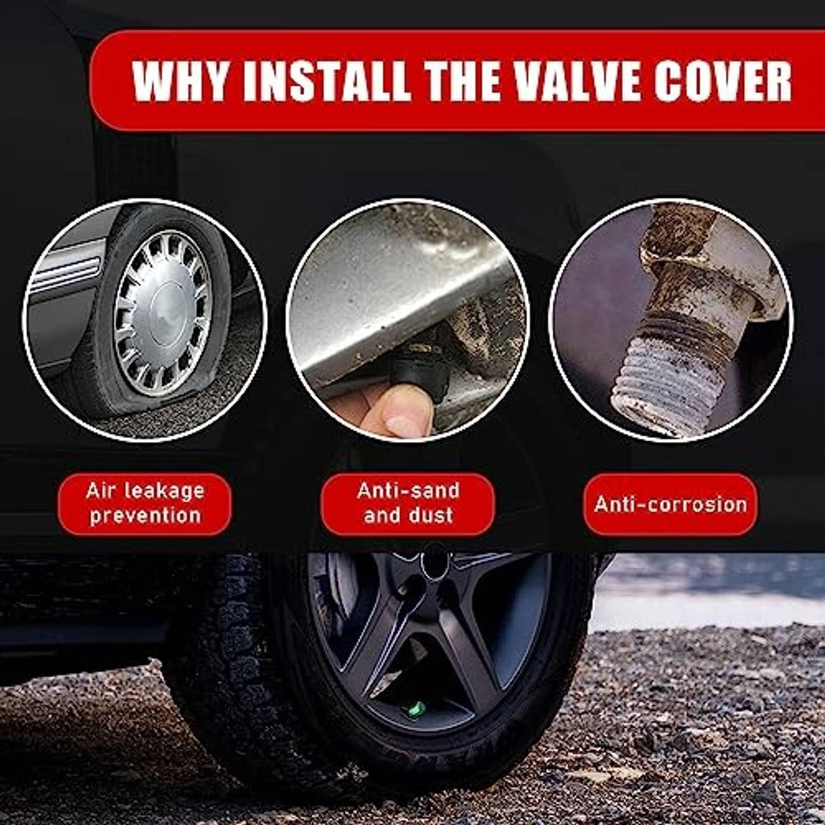 Green wheel valve cover caps on tire valve stems, designed to help resist dust and rust