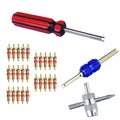 Tire valve core tool kit with red handle, blue adapter, and brass Schrader cores